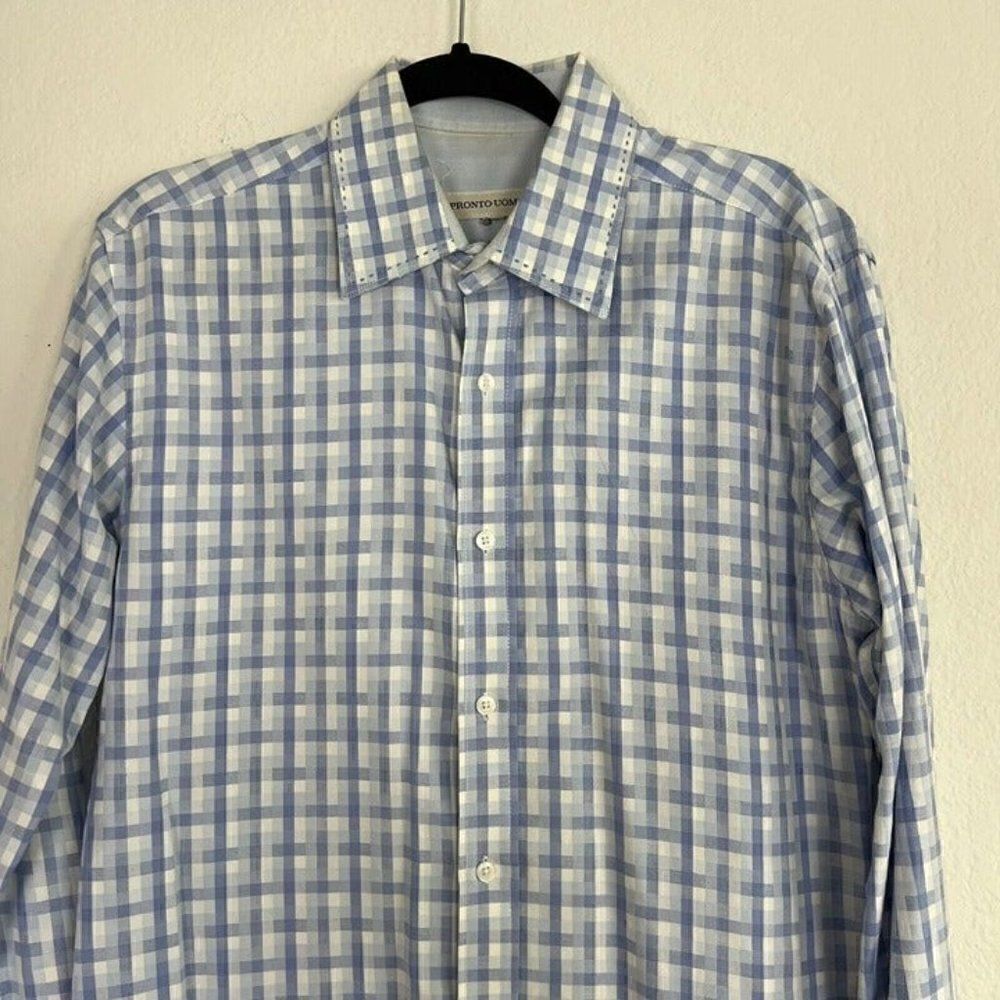 PRONTO UOMO Mens Cotton Long Sleeve Button Up Blue Plaid Abstract Shirt Large - Picture 7 of 10